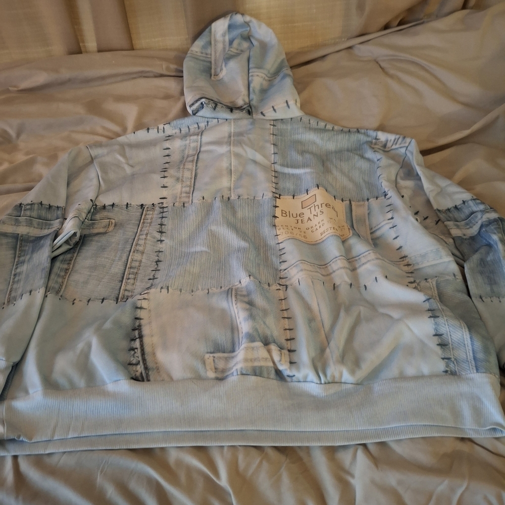 Blue Thread Denim Patchwork Women's Hoodie - Picture 8 of 11